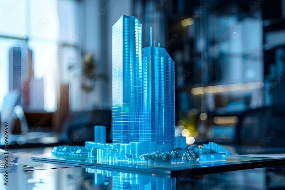 A futuristic blue D model of a skyscraper on a table at a real estate agency symbolizing business and mortgage agreements. Concept Real Estate Business, Mortgage Agreements, Futuristic Design