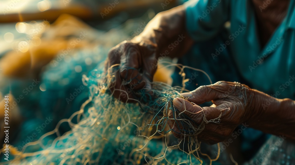 A fisherman repairing a traditional fishing net, highlighting the sustainable use of water resources