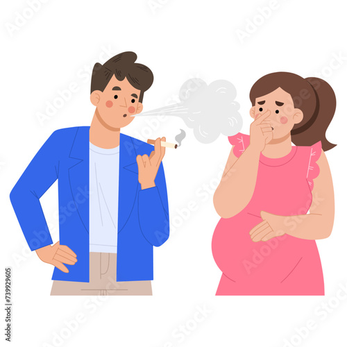 Vector Illustration of careless man standing smoking next to pregnant woman