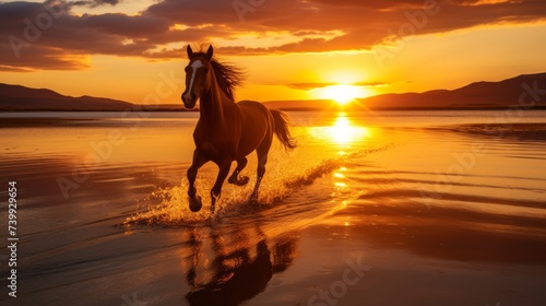 Majestic horse galloping on sandy beach at stunning sunset with ample copy space © Aliaksandra