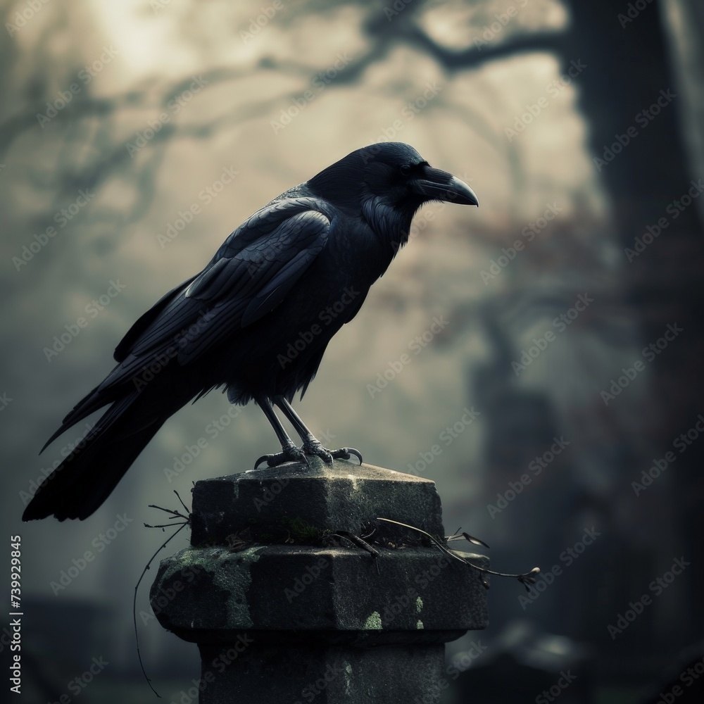 Fototapeta premium a black crow sitting on a stone post