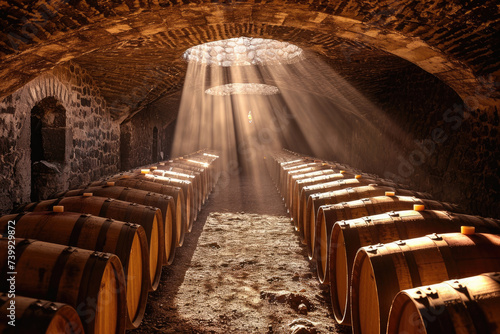 Paisaje Espectacular de una bodega con barriles de vino antiguas , rayos de sol iluminando los barriles de vino por la ventana photo