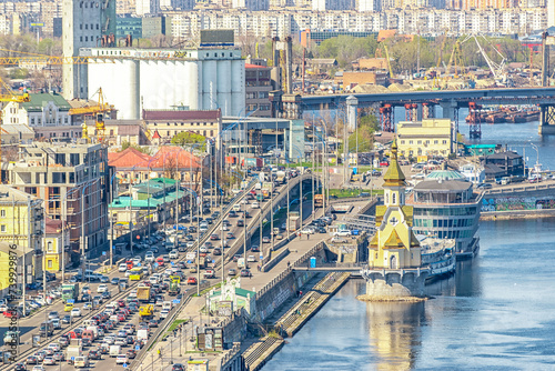 Landscape view of city with houses in Kyiv, Ukraine.
