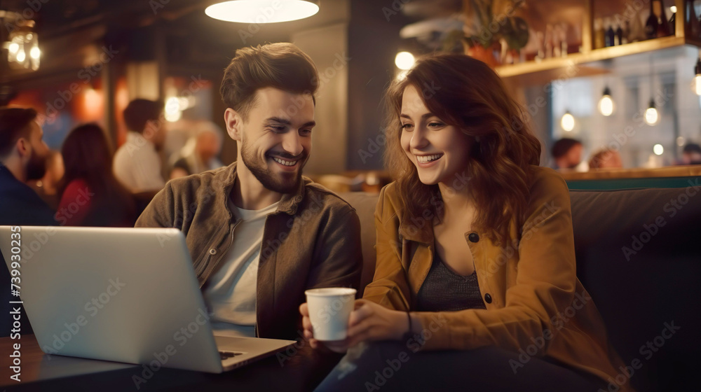 Handsome young and beautiful young friends are relaxing with coffee and laptop on the sofa in a modern.