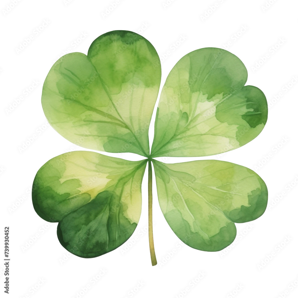 Watercolor illustration of clover leaf, Shamrock isolated on background, St. Patrick's Day concept clipart.	
