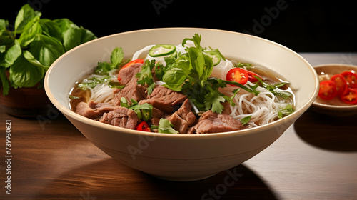 Vietnamese pho with noodles and herbs