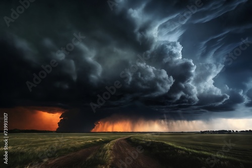 landscape, ground road in plain for abstract background, dark dramatic stormy sky and cumulus clouds