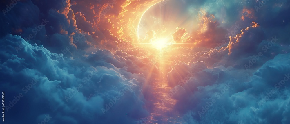 Heaven's gates in 3D, portrayed as vast, radiant portals of light, opening to reveal a harmonious celestial paradise, with ethereal music resonating in the air. - obrazy, fototapety, plakaty 