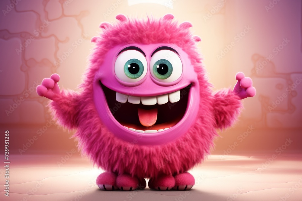 Whimsical 3d cartoon character design of a friendly and kind monster in a colorful style
