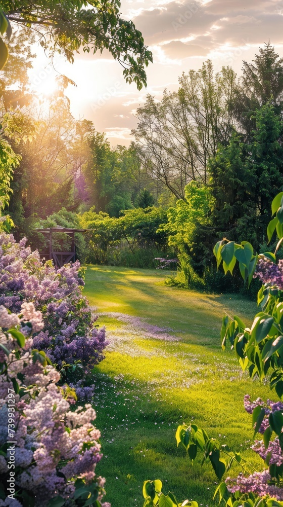 Sunlit scene overlooking the lilac plantation with many lilac blooms, bright rich color, professional nature photo Sunlit scene overlooking the lilac plantation with many lilac blooms, bright rich color, professional nature photo
