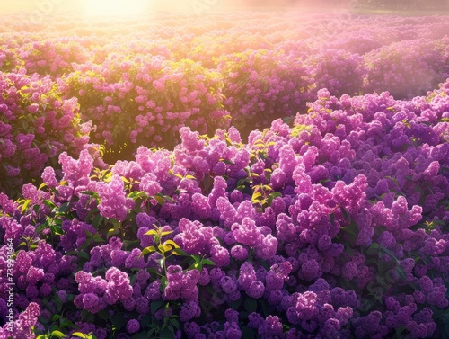 Sunlit scene overlooking the lilac plantation with many lilac blooms  bright rich color  professional nature photo