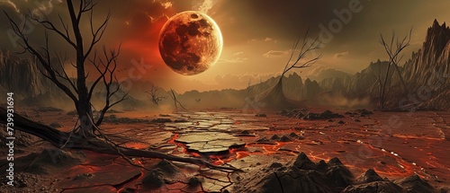 Hell visualized as a desolate, charred wasteland, with cracked earth, ashen skies, and remnants of destruction, under a foreboding, blood-red moon. 