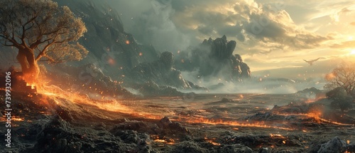 In the aftermath of a mythical battle, the landscape lies quiet, with smoldering remnants of a fiery clas