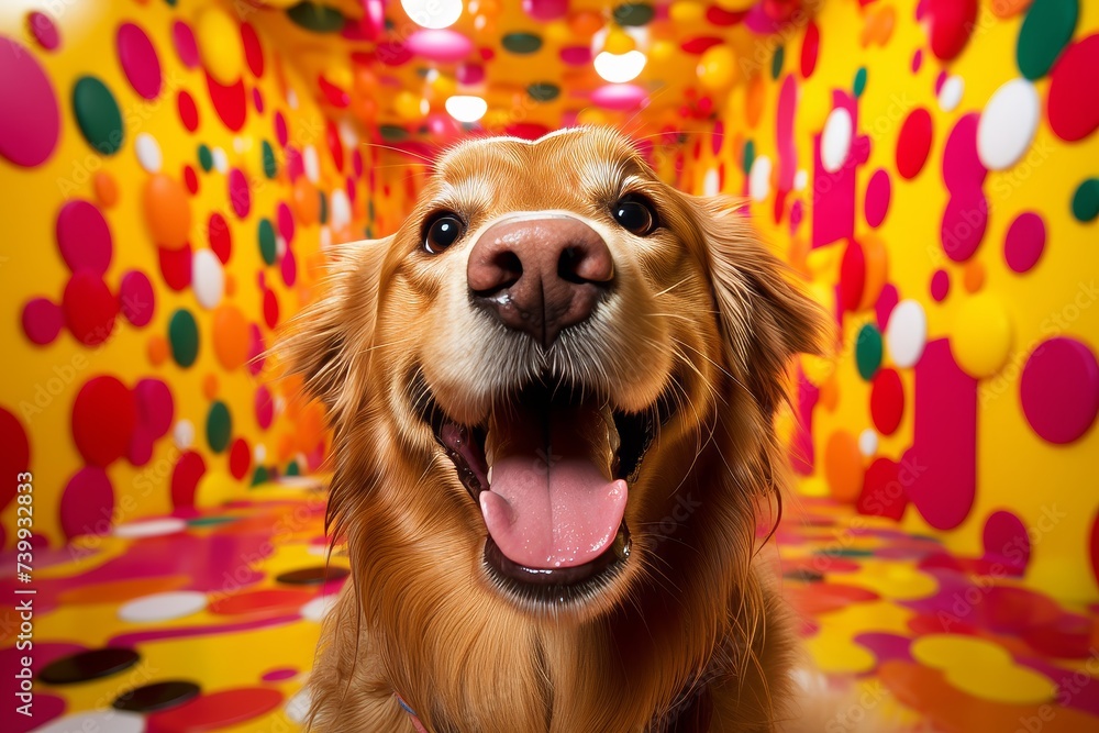 Lively dog enjoying a luxurious and brightly colored modern style bedroom with a vibrant ambiance