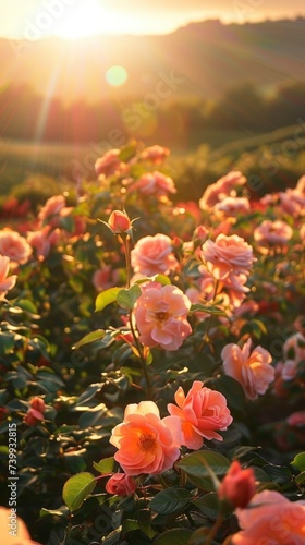 Sunlit scene overlooking the rose plantation with many rose blooms, bright rich color, professional nature photo © shooreeq