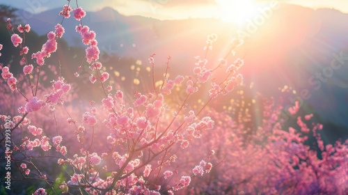 Sunlit scene overlooking the sakura plantation with many blooms, bright rich color, professional nature photo