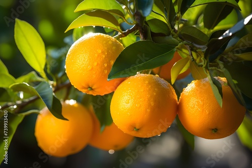 Close up bunch of fresh ripe oranges with green leaves on a tree. Citrus tree in a sunny day