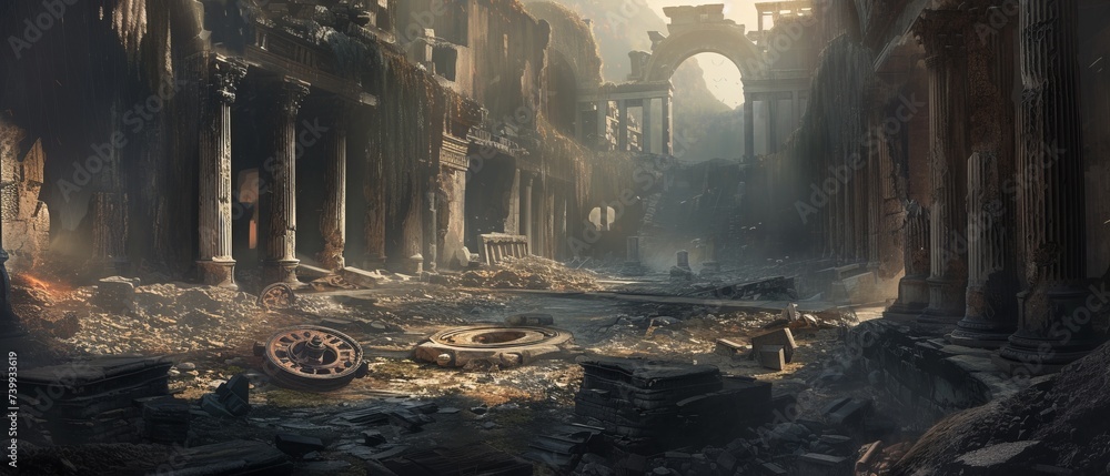Remnants of a fierce Roman battle, where broken chariots and legionnaire armor lay forgotten, a silent witness to the empire's might and fall. - obrazy, fototapety, plakaty 