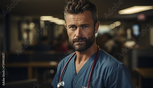  Portrait of confident ER doctor standing in hospital emergency room and phone calling. Handsome doctor in scrubs holding clipboard, standing in modern 1