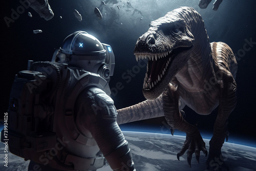 astronaut on the moon next to dinosaure creature
 created using generative AI tools