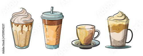 Set of different watercolor coffee cups illustrations. Espresso, cappuccino, americano, latte, takeaway coffee clipart. Vector colored outline drawing isolated on transparent background.