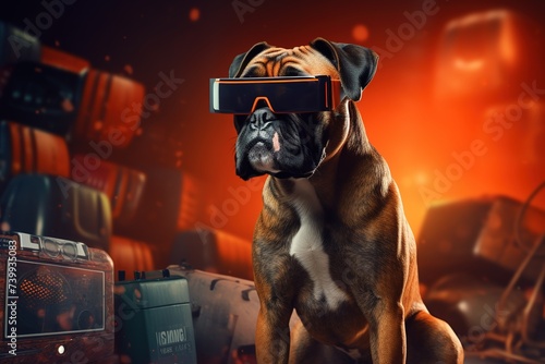 The boxer dog uses virtual reality glasses, there is an unreal world around him photo