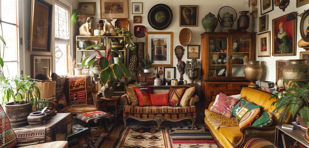 An eclectic living room filled with vintage furniture, quirky artwork, and shelves lined with curiosities from around the world.
