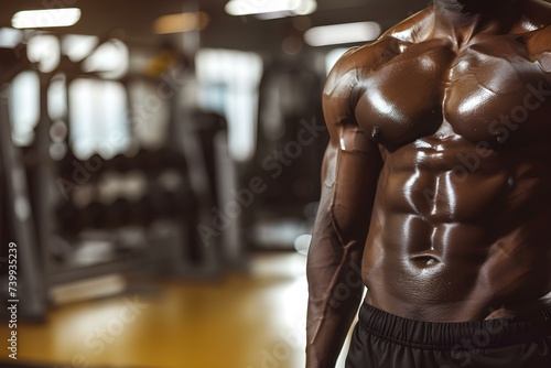 Fit confident bodybuilder in gym with toned physique and blurred backdrop. Concept Bodybuilding, Fitness, Gym, Toned Physique, Blurred Background