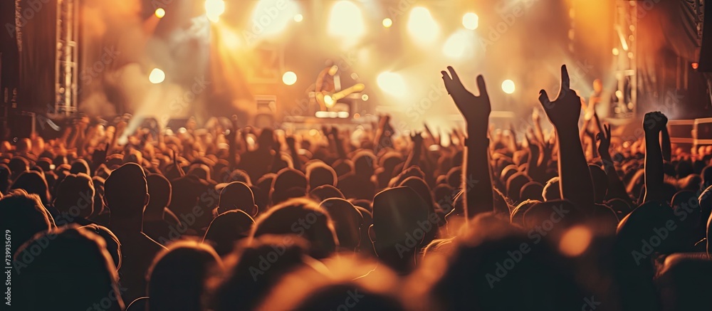 A lively crowd of people enthusiastically raise their hands in the air during a concert, creating a vibrant atmosphere. - obrazy, fototapety, plakaty 