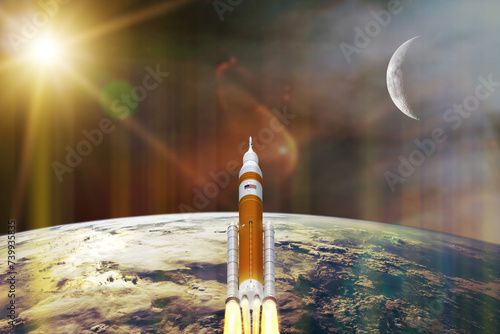 Fototapeta Naklejka Na Ścianę i Meble -  Artemis space program to research solar system. Orion spacecraft on low-orbit of Earth. Elements of this image furnished by NASA.