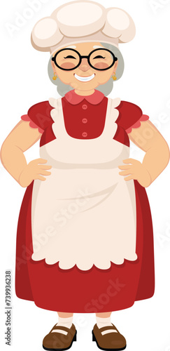 Senior woman cook in a chef hat and kitchen apron. Vector cartoon character granny housewife in traditional village clothes