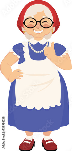 Vector cartoon illustration of a cheerful village granny showing thumbs up sign