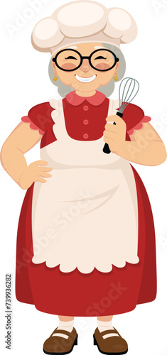 Senior woman pastry cook in a chef hat and kitchen apron. Vector cartoon character granny housewife holding a whisk for whipping cream in his hand