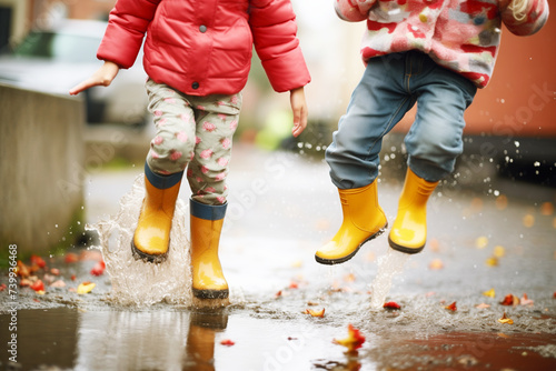 childs feet in rubber boots playfully jumping in a puddle