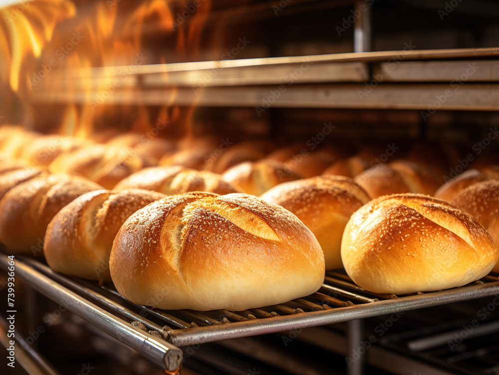 Fresh hot baked bread loafs on the production line. Fresh hot baked bread loafs on the production line.