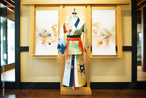 a geishas outfit, elaborate kimono and obi on display photo