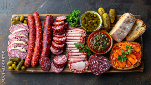 Assorted sausages on a wooden tray.
