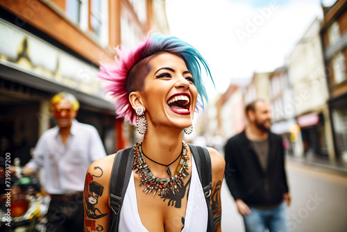 punk girl laughing with friends in a city scene