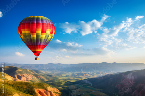 The Majestic Voyage: A Colorful Hot Air Balloon Soaring Across a Vivid Blue Sky