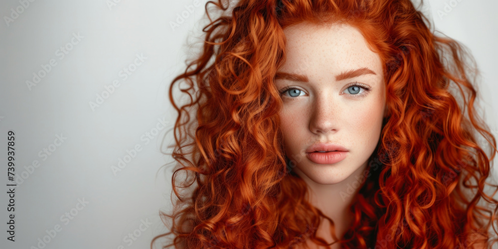 Fototapeta premium closeup portrait of amazing young red hair woman attractive appearance. Beauty redhead girl with long and shiny wavy red hair . Beautiful woman model with curly hairstyle . Healthy face skin care beau
