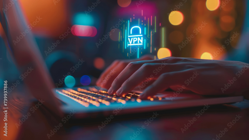 Close-up of the hands of a user typing on a laptop keyboard, above which hangs a hologram in the form of a lock with the abbreviation - VPN Close-up of the hands of a user typing on a laptop keyboard, above which hangs a hologram in the form of a lock with the abbreviation - VPN