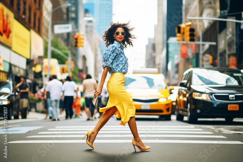 stylish woman in heels hailing a taxi on a bustling avenue