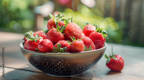 erdbeeren in einer schüssel, frisches obst, süßes im  sommer als nachtisch, rote beeren, köstlich, lecker und gesund, zum selberpflücken mit milch und sahne, warmes Wetter mit viel sonne, reife frücht photo