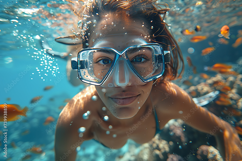 Fototapeta premium the girl diving among corals and colorful fish