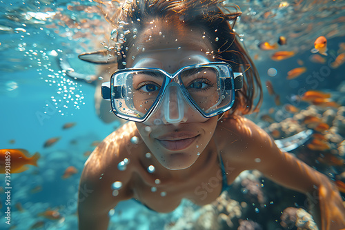 the girl diving among corals and colorful fish