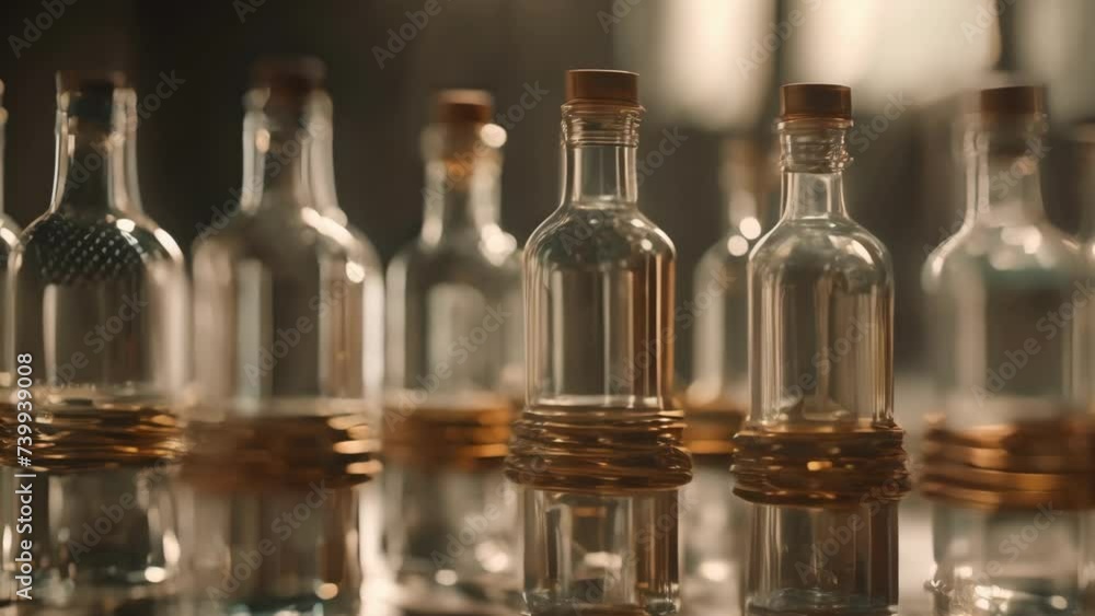 Row of Empty Glass Bottles on Table Row of Empty Glass Bottles on Table
