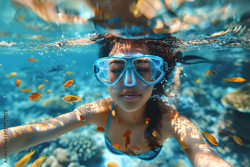 the girl diving among corals and colorful fish