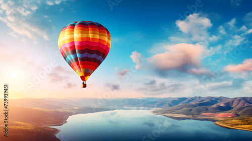 The Majestic Voyage: A Colorful Hot Air Balloon Soaring Across a Vivid Blue Sky