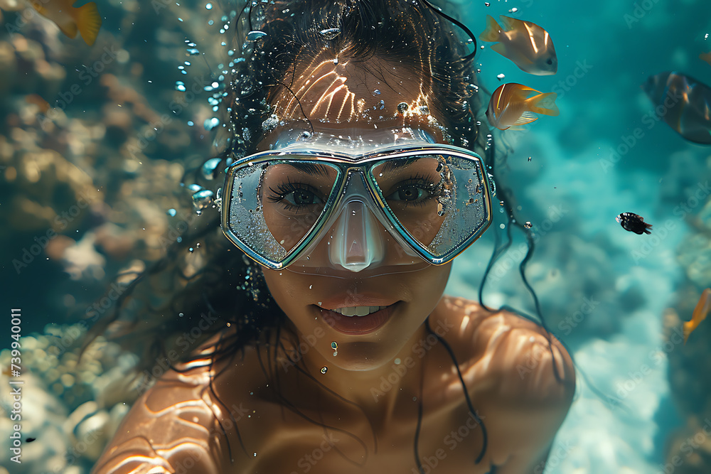 Naklejka premium the girl diving among corals and colorful fish