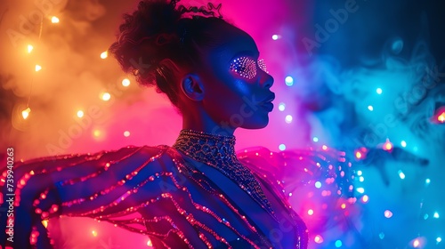 Abstract portrait of a beautiful black woman dancing in neon lights. AI generated image.